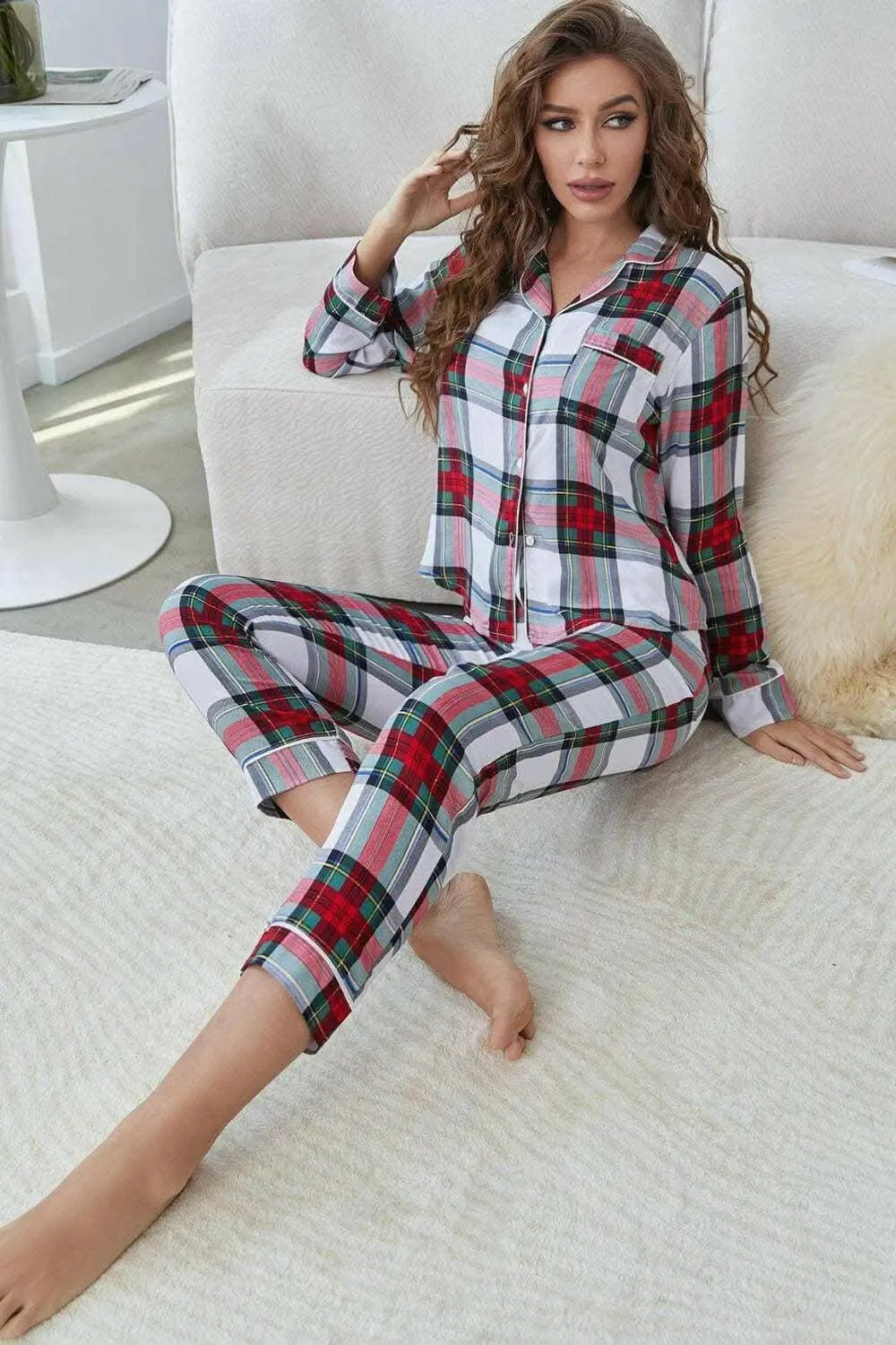 Chic plaid lounge set - button-up, cropped pants - Love Salve